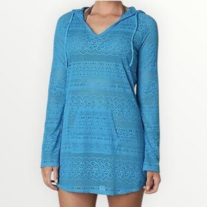 PRANA Luiza Tunic Vivid Blue Crochet Hoodie Swimsuit Cover Up Dress Size Medium